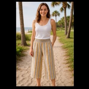 Land n’ Sea Linen Blend Wide Leg Striped Gray & Yellow Beachy Airy Pants Size XL